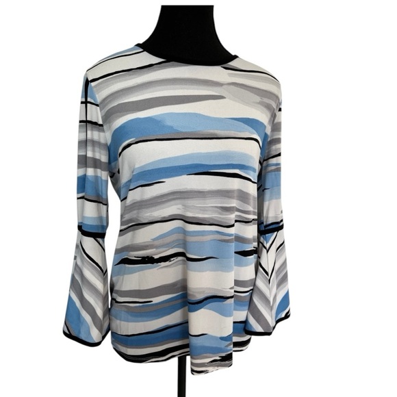 Calvin Klein White Blue and Gray statement sleeves 70’s style top size small - Picture 1 of 7